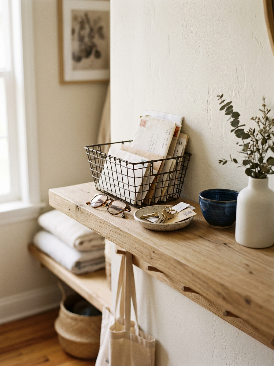 A wooden hallway shelf holding a wire basket of letters, a dish of keys, reading glasses and a vase of eucalyptus. Generated image.