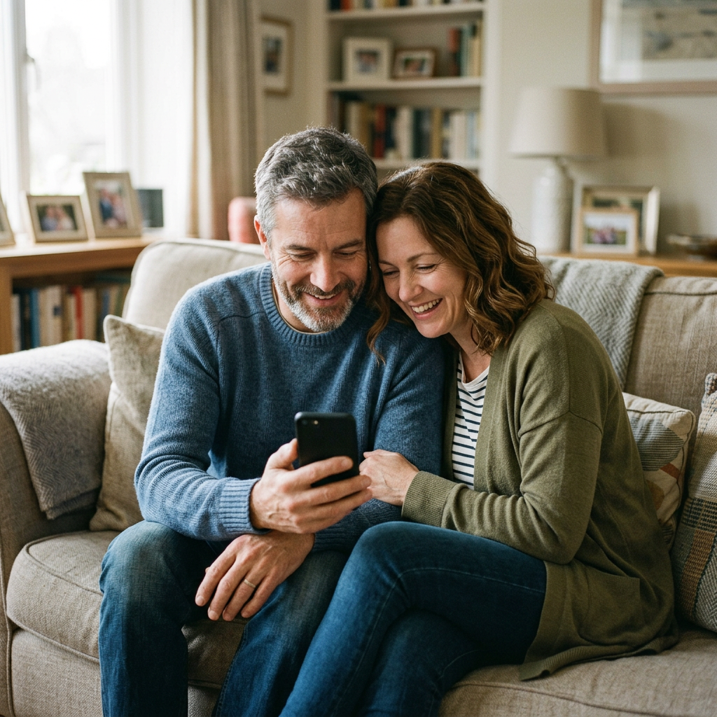 A man and a woman laugh together over a phone on a sofa. Generated image.