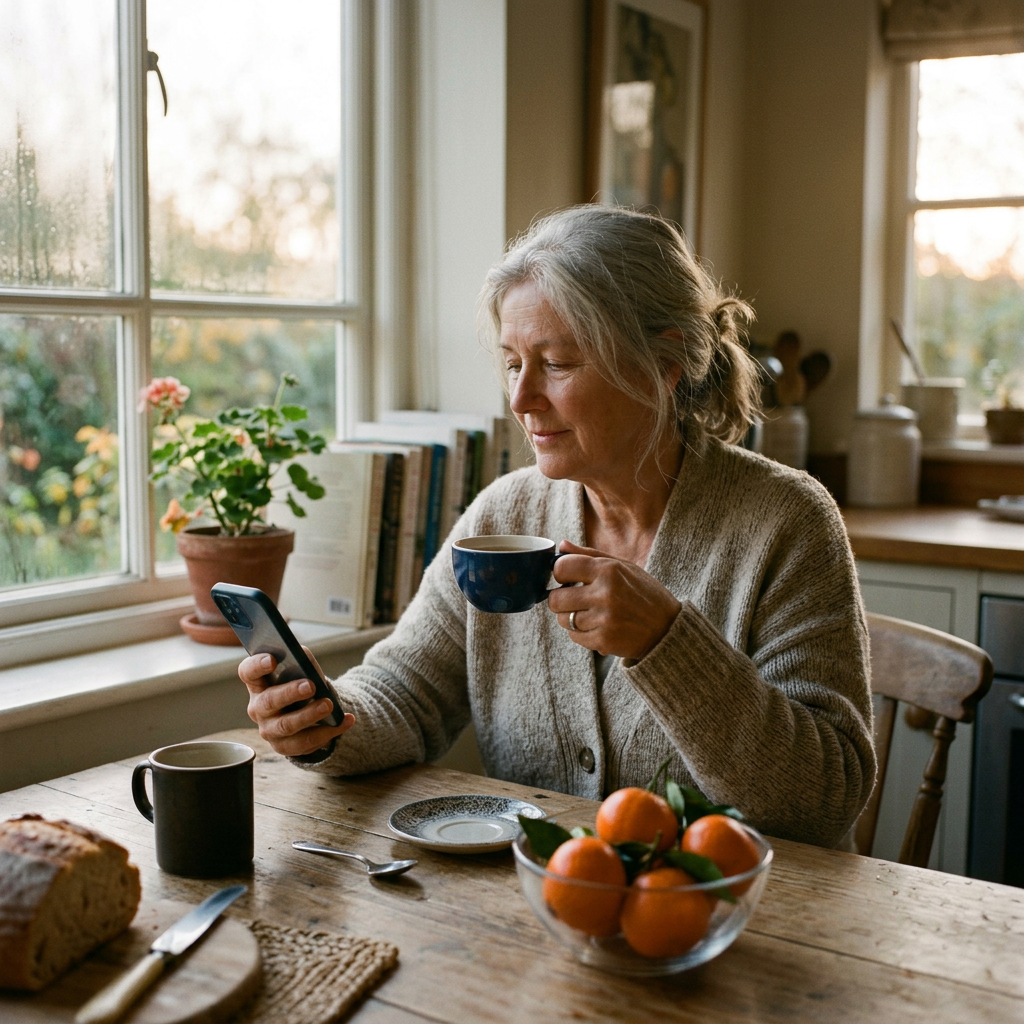 An older woman with a cup of tea reads a text on her phone at a sunlit kitchen table. Generated image.